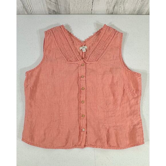 J Jill Sleeveless Top Vest Size Large Peach Coral Button Up Pintuck Pleat Linen - Picture 6 of 8
